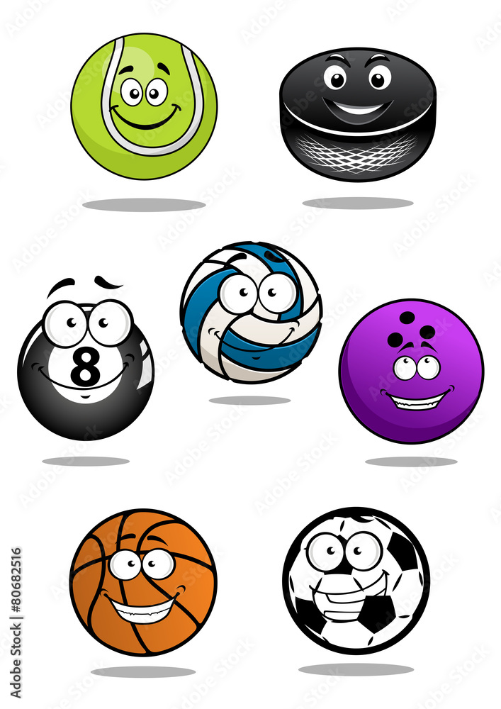 Smiling sport equipments cartoon characters Smiling sport equipments cartoon characters