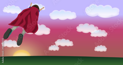 夕焼け空を飛び去る女性