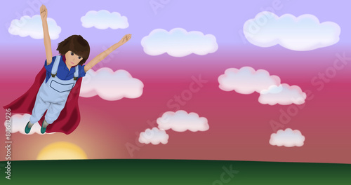 夕焼け空を飛ぶ女性