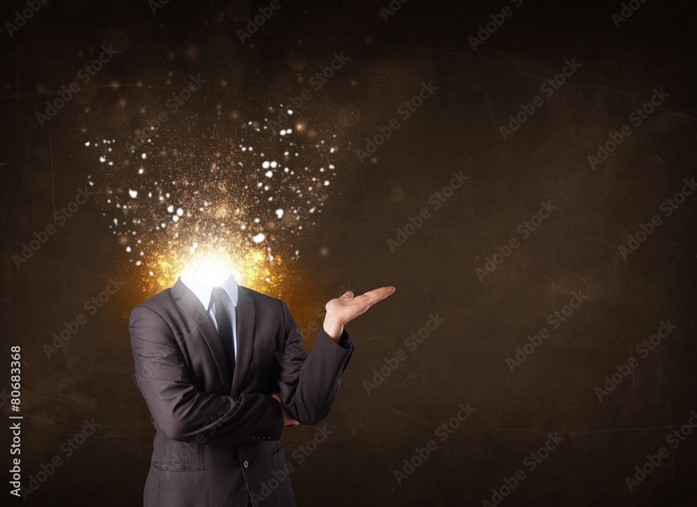 Business man with glowing exploding head Business man with glowing exploding head