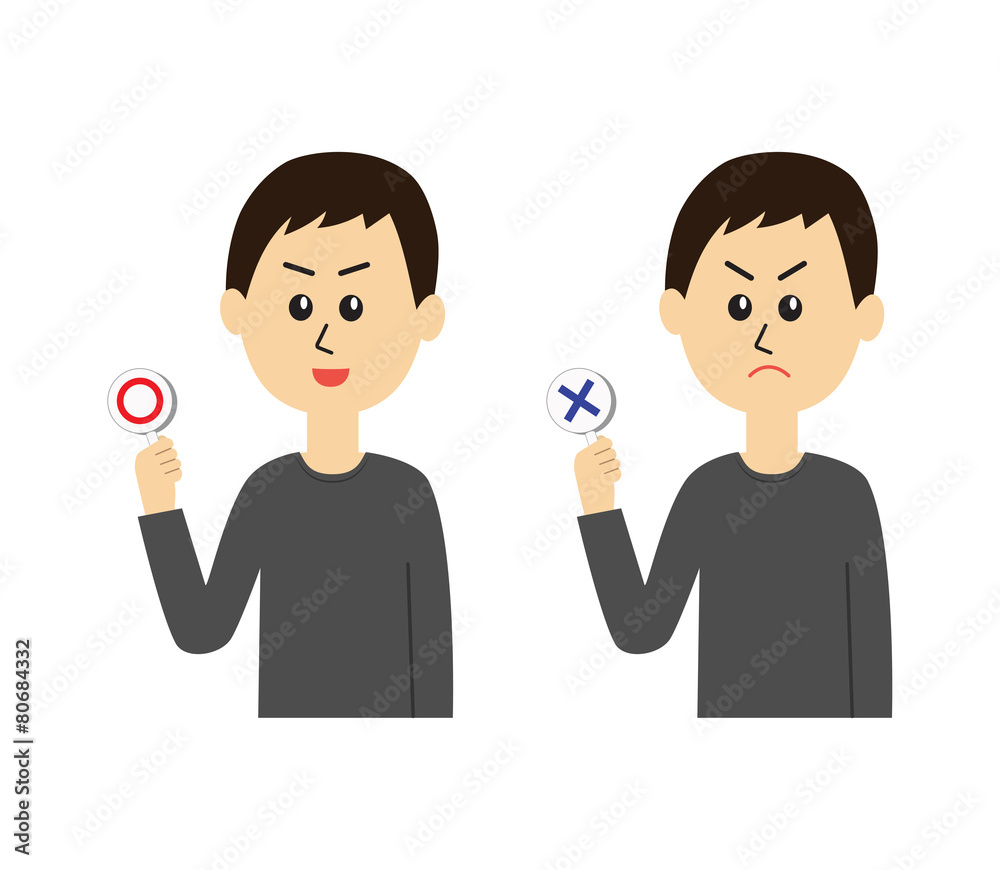 Two pose variations of young man with yes and no signs Two pose variations of young man with yes and no signs