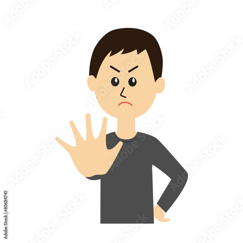 A young man holding his hand in front to show stop gesture
