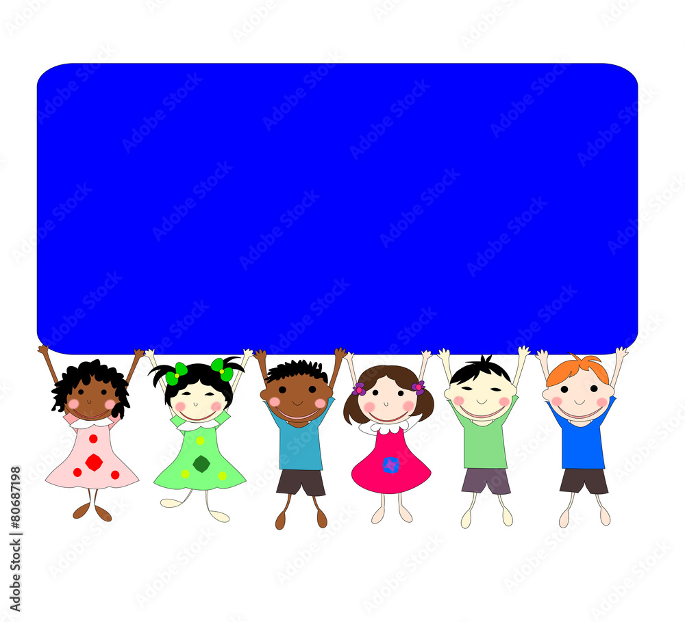 Illustration of children of different races behind a banner on a Illustration of children of different races behind a banner on a