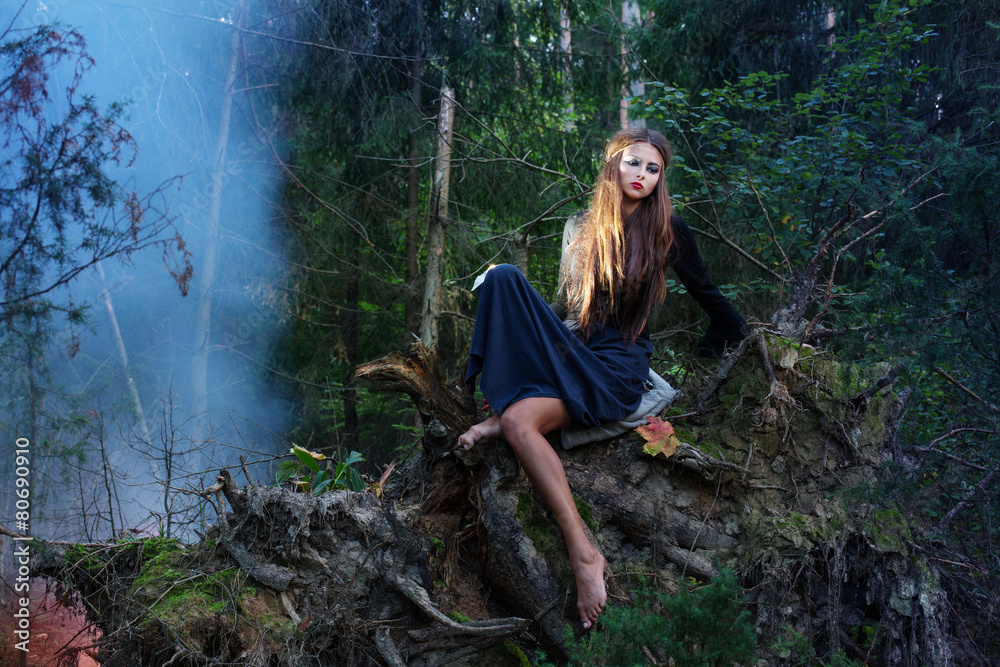 Naklejka premium beautiful witch in forest