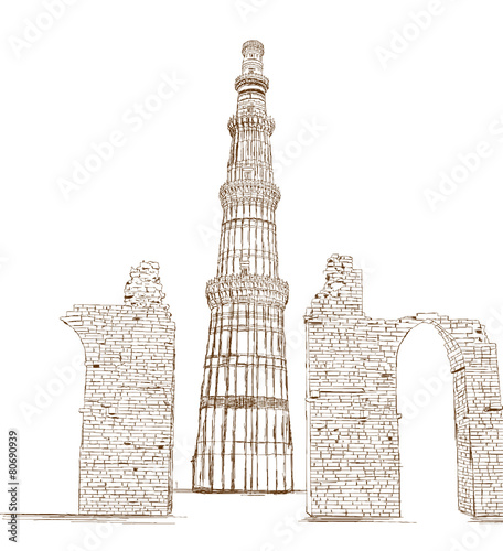 Qutub Minar, New Delhi, India - Vector Illustration