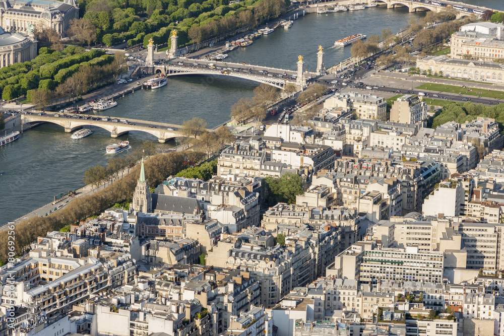 Fototapeta premium Aerial view from Eiffel Tower on Seine River - Paris.