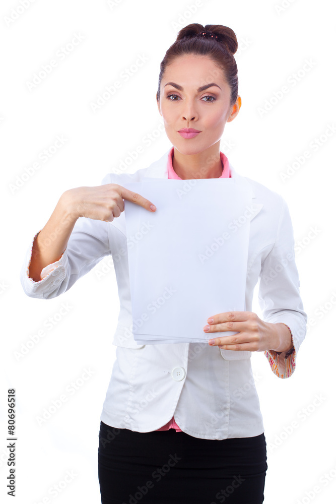Confident businesswoman holding blank whiteboard sign. All Confident businesswoman holding blank whiteboard sign. All