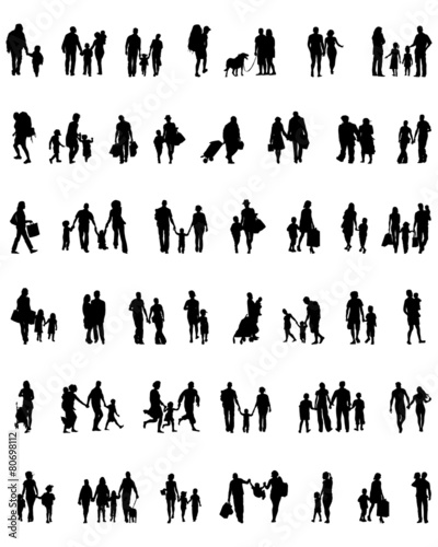 Black silhouettes of walking families , vector
