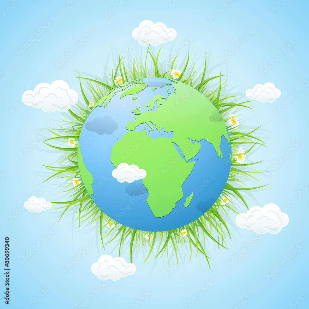 Earth with grass and clouds on blue background