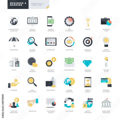 Set of modern flat design business and banking icons