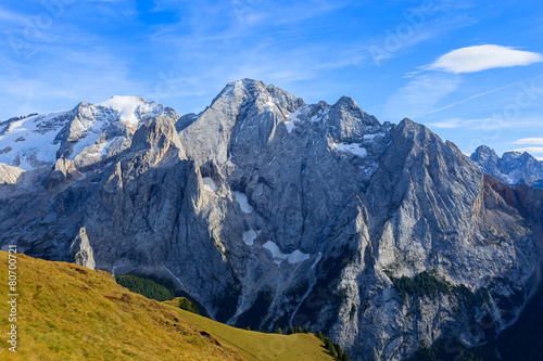 View of Marmolada peak in Dolomites Mountains in autumn, Italy