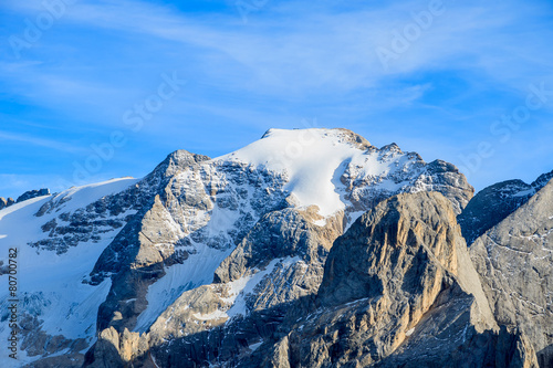 View of Marmolada peak and glacier in Dolomites Mountains, Italy