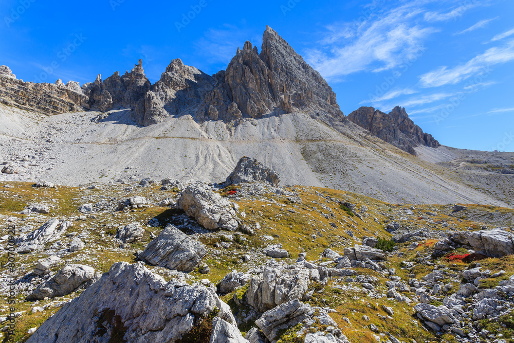 Rocks in Tre Cime National Park, Dolomites Mountains, Italy