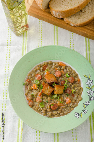 Lentil soup with Viennese sausage photo