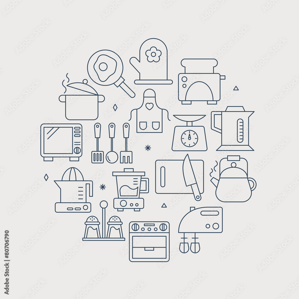 Kitchen line icon circle set