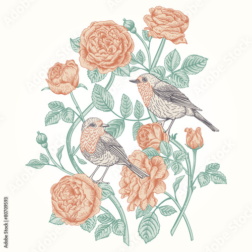 Card with roses and birds.