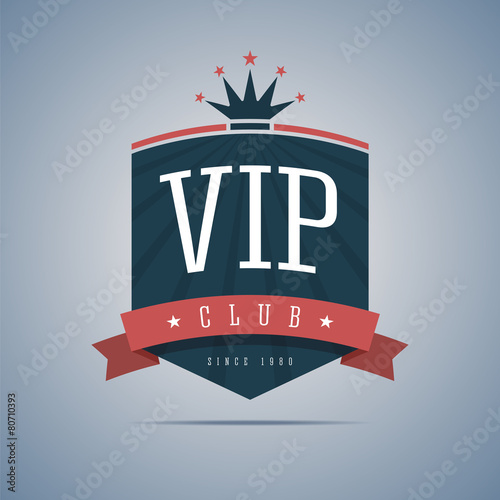 Vip club sign with ribbon, crown and stars.