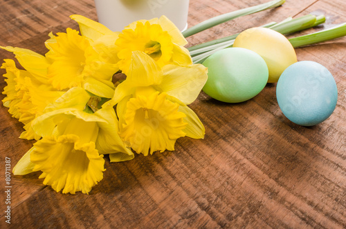Daffodils and dyed Easter eggs