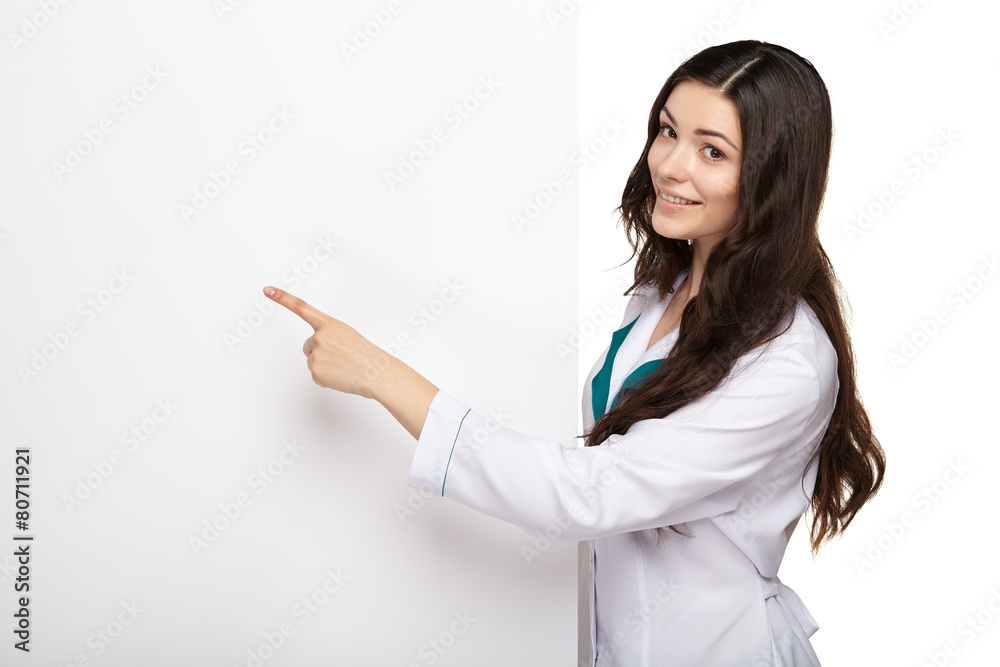 medical doctor woman smile hold blank card board medical doctor woman smile hold blank card board