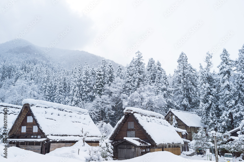 Naklejka premium Snowy view, Takayama, Japan in winter season.