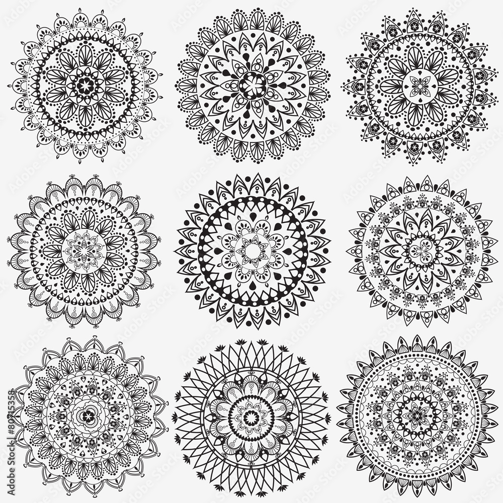 Black and white collection round circle lace pattern mandala. Stock