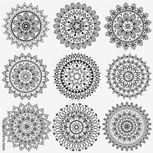 Black and white collection round circle lace pattern mandala.