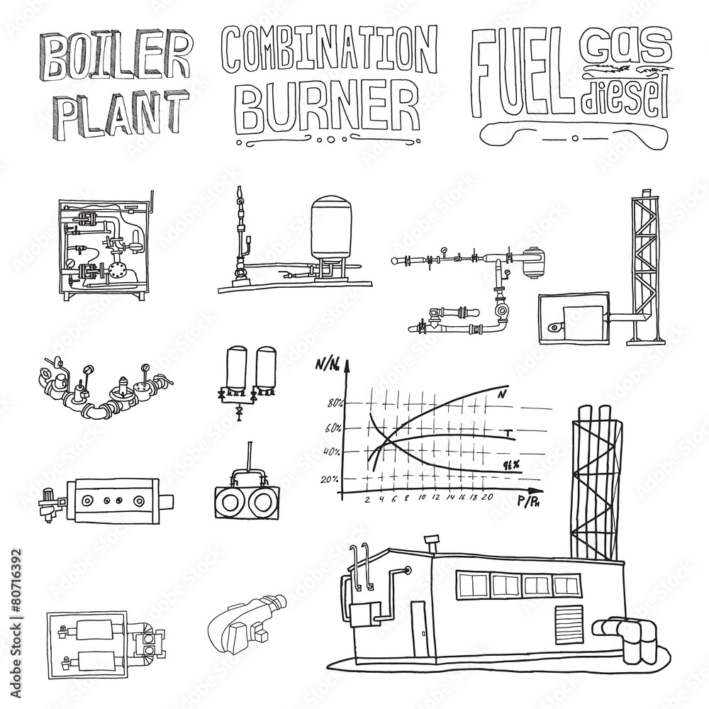 Boiler room equipment, engineering systems. Sketch. Vector file.