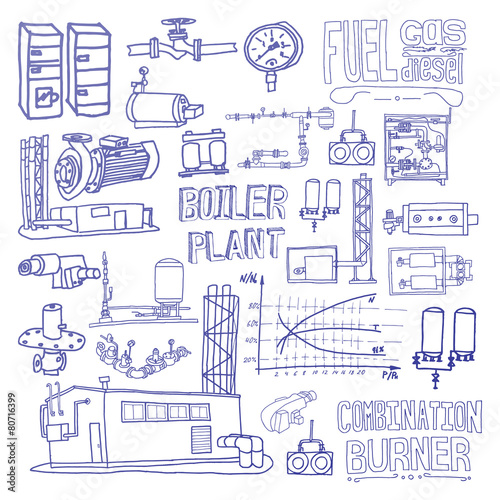 Boiler room equipment, engineering systems. Sketch. Vector file.