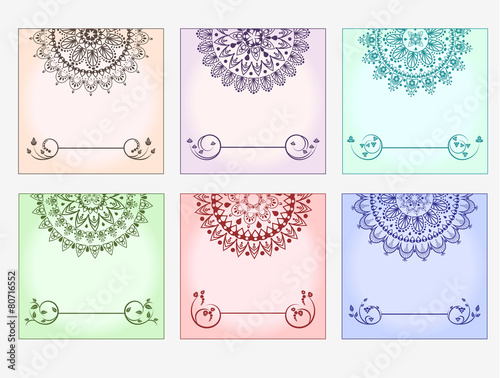 Set of colored blank cards with half lace mandalas