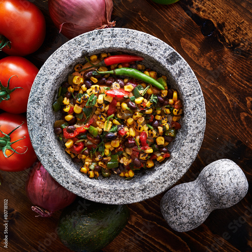 spicy fire roasted black bean and corn salsa top down photo