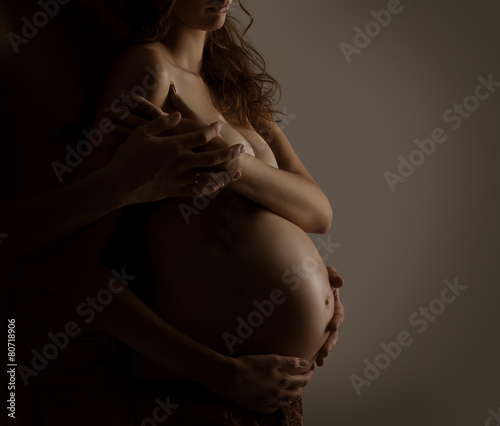 Family Couple Pregnant Woman, Husband Man Embracing Belly