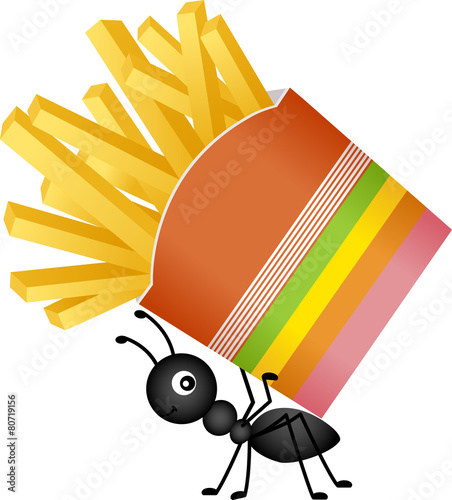 Ant carrying a french fries in stripes packaging