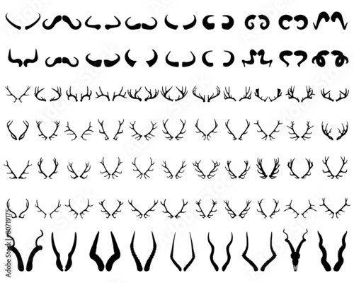 Black silhouettes of different horns, vector