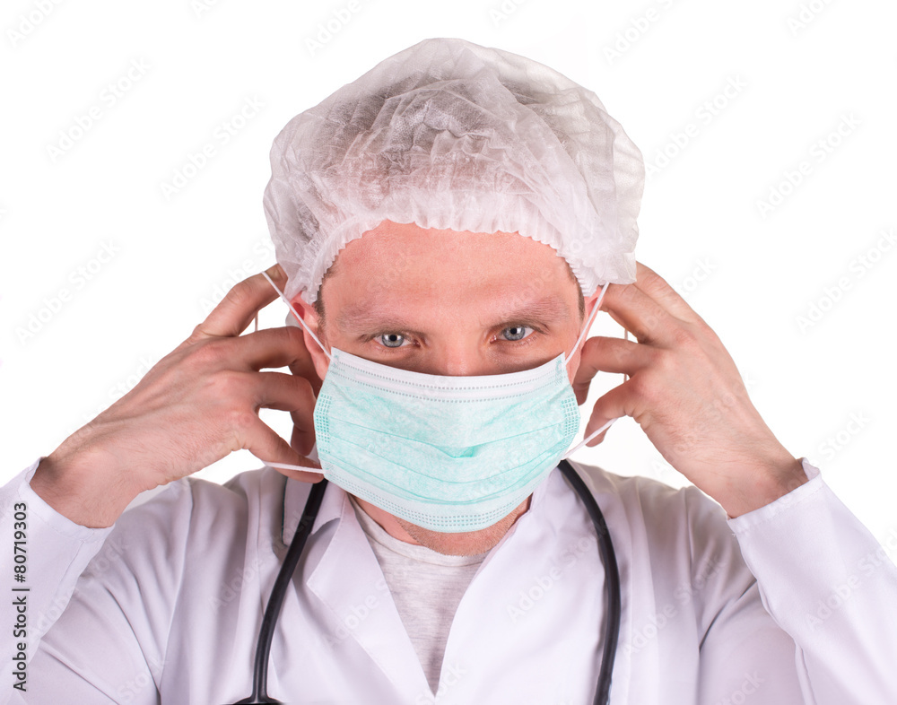 portrait of young doctor in mask and blue gloves portrait of young doctor in mask and blue gloves