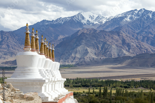 Buddhist stupa and mountains.Shey Palace, Ladakh, India