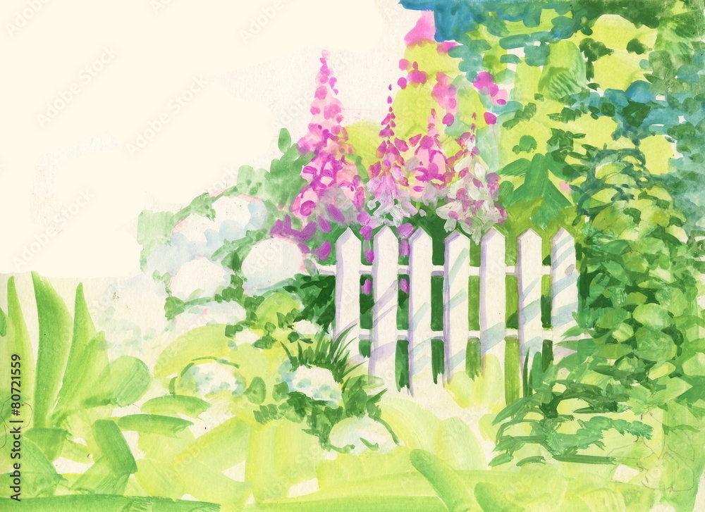 Fototapeta premium Watercolor Rural wooden fence in the garden