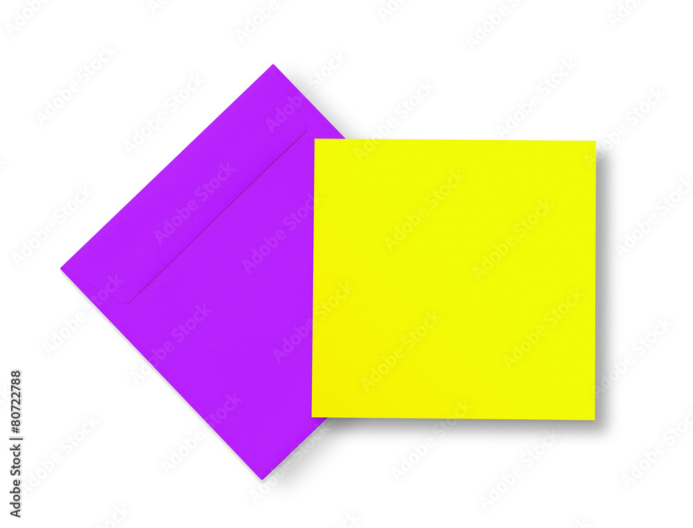 Violet envelope and yellow card on white Violet envelope and yellow card on white
