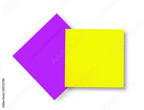 Violet envelope and yellow card on white