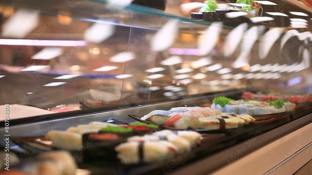 Variety of sushi on shelves in supermarket In Japan. Close up Of Variety of sushi on shelves in supermarket In Japan. Close up Of