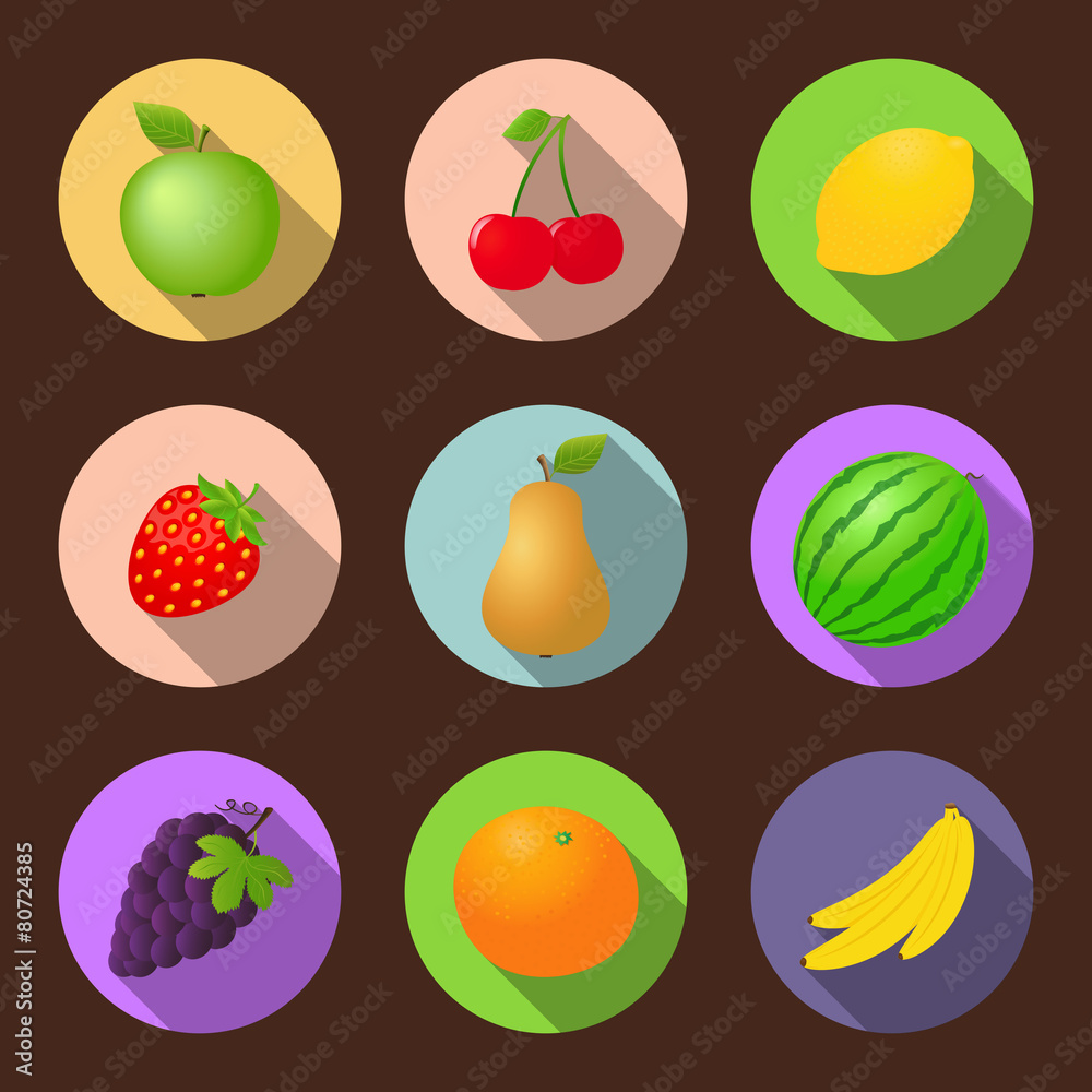 Vector fruits flat icon set Vector fruits flat icon set
