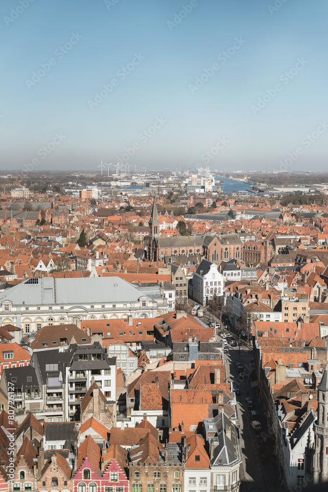 Overview of City of Bruges with Blue Sky