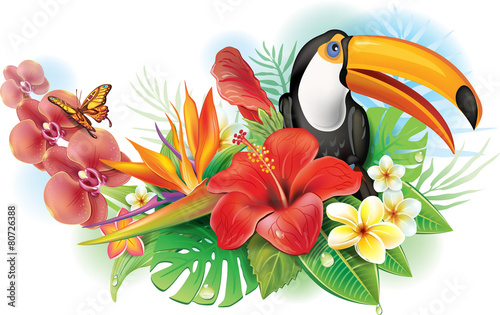 Red hibiscus, toucan and tropical flowers