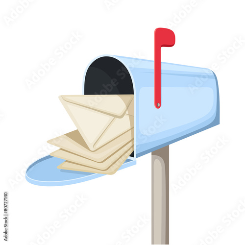 Open blue mailbox with letters. Vector illustration.