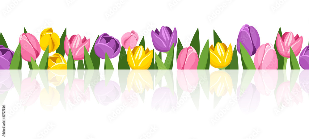 Horizontal seamless background with colorful tulips. Vector.