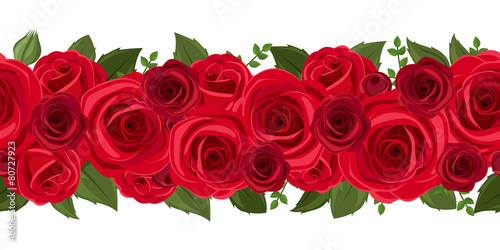 Horizontal seamless background with red roses. Vector.