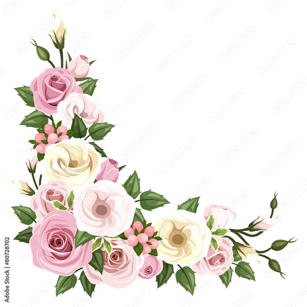 Roses and lisianthus flowers. Vector corner background.