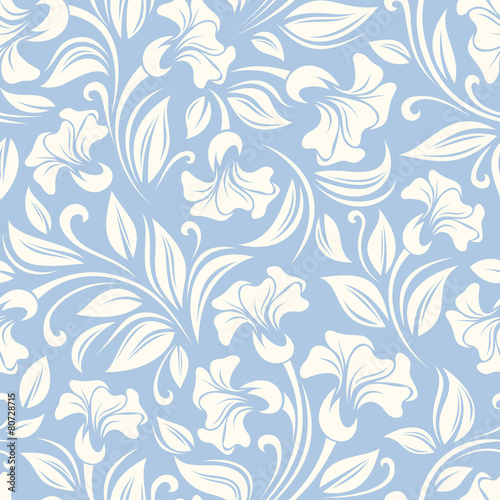 Vector seamless white floral pattern on a blue background.