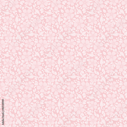 Pink seamless pattern with flowers and leaves. Vector.