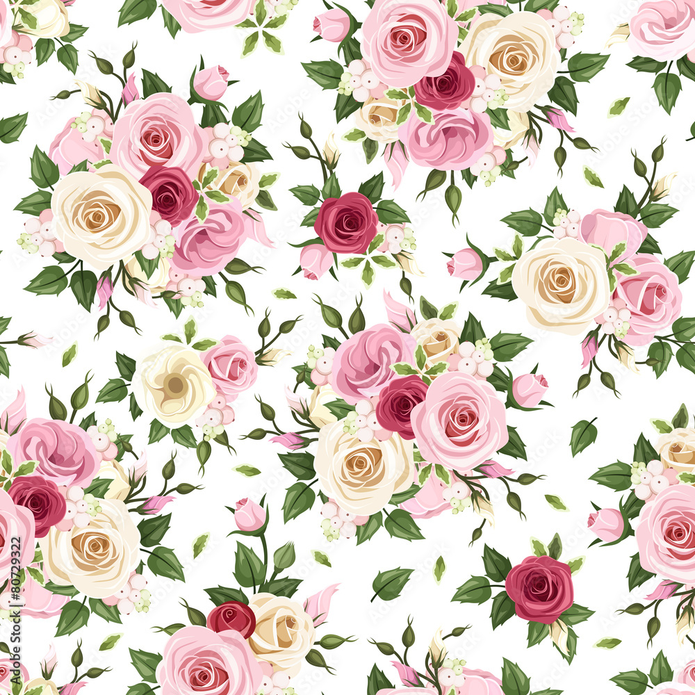 Seamless pattern with red, pink and white roses. Vector 