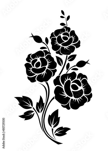 Branch with flowers. Vector black silhouette.